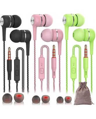 Earbuds with Mic - 3 Pack Ear Buds Noise isolating Microphone on Cord for Chromebook HP Lenovo Dell Laptops, Desktops and Android iPhone iPad Phones with AUX Earphone Jack